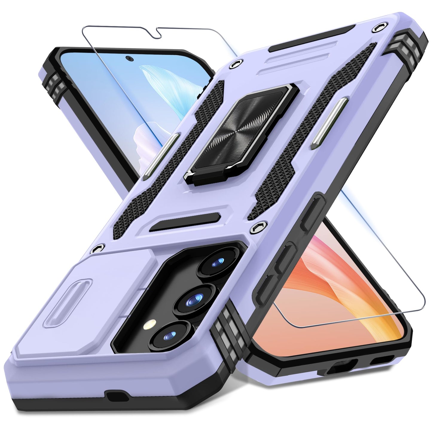 DEERLAMN Case for Samsung Galaxy S24 6.2-Inch with Slide Camera Cover+Screen Protector(1 Pack), Rotated Ring Kickstand Military Grade Shockproof Protective Cover-Black