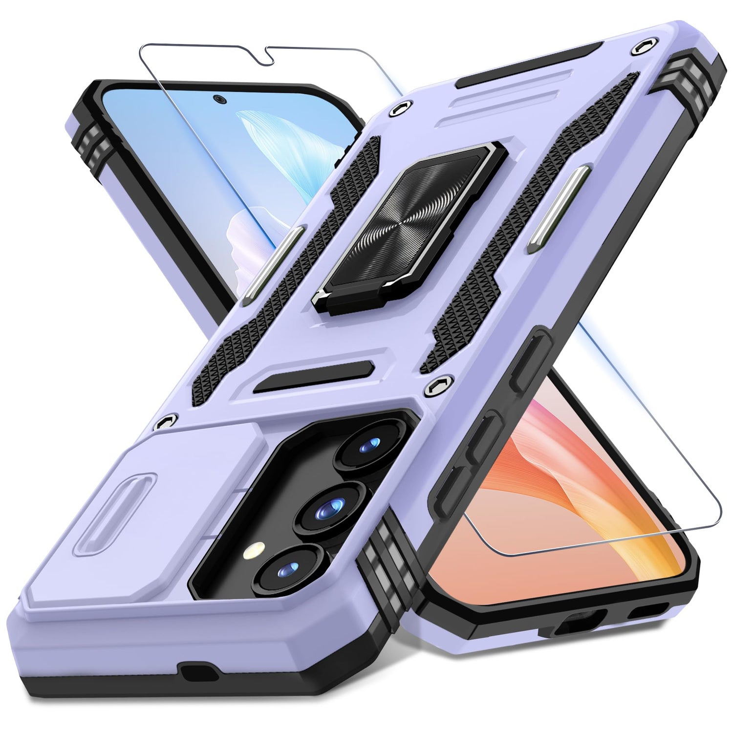 DEERLAMN Case for Samsung Galaxy S24 6.2-Inch with Slide Camera Cover+Screen Protector(1 Pack), Rotated Ring Kickstand Military Grade Shockproof Protective Cover-Black