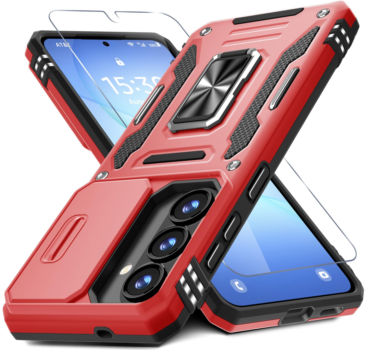 DEERLAMN Case for Samsung Galaxy A17 5G with Slide Camera Cover+Screen Protector (1 Pack), Rotated Ring Kickstand Military Grade Shockproof Protective Cover-Navy Blue