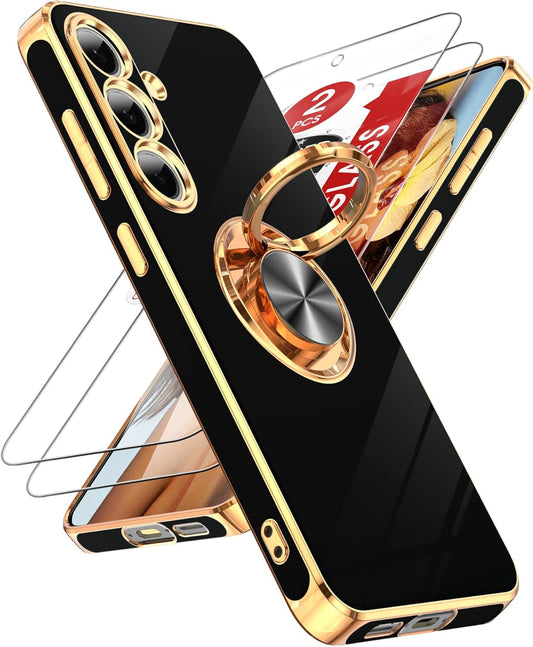 LeYi for Samsung Galaxy S24-FE Case: with 2 Pack Tempered Glass Screen Protector and 360° Rotatable Ring Holder Magnetic Kickstand, Plating Rose Gold Edge Funda para Galaxy S24FE 5G Case, Black