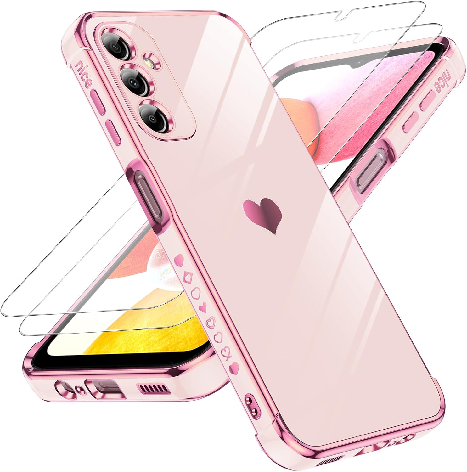 LeYi for Samsung Galaxy A14 5G Case: with Tempered Glass Screen Protector [2 Pcs]+ Full Camera Lens Protection, Love Heart Plating Girly Luxury Shockproof Case for A 14 5G, Pink