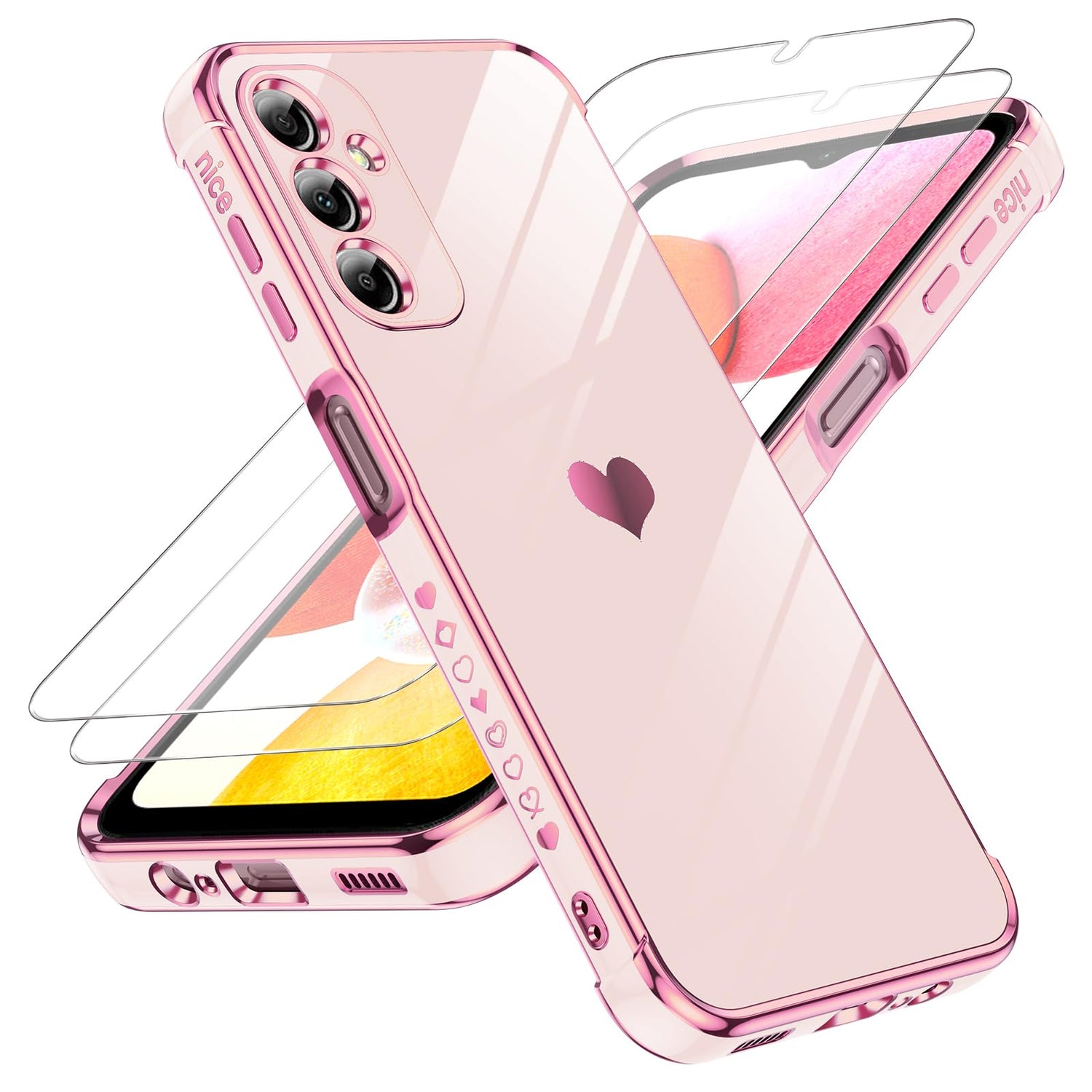 LeYi for Galaxy A16-5G Phone Case: Tempered Glass Screen Protector [2 Pcs]+ Full Camera Lens Protection,Love Heart Plating Luxury Shockproof Phone Case para Samsung A 16 5G Cute,Pink