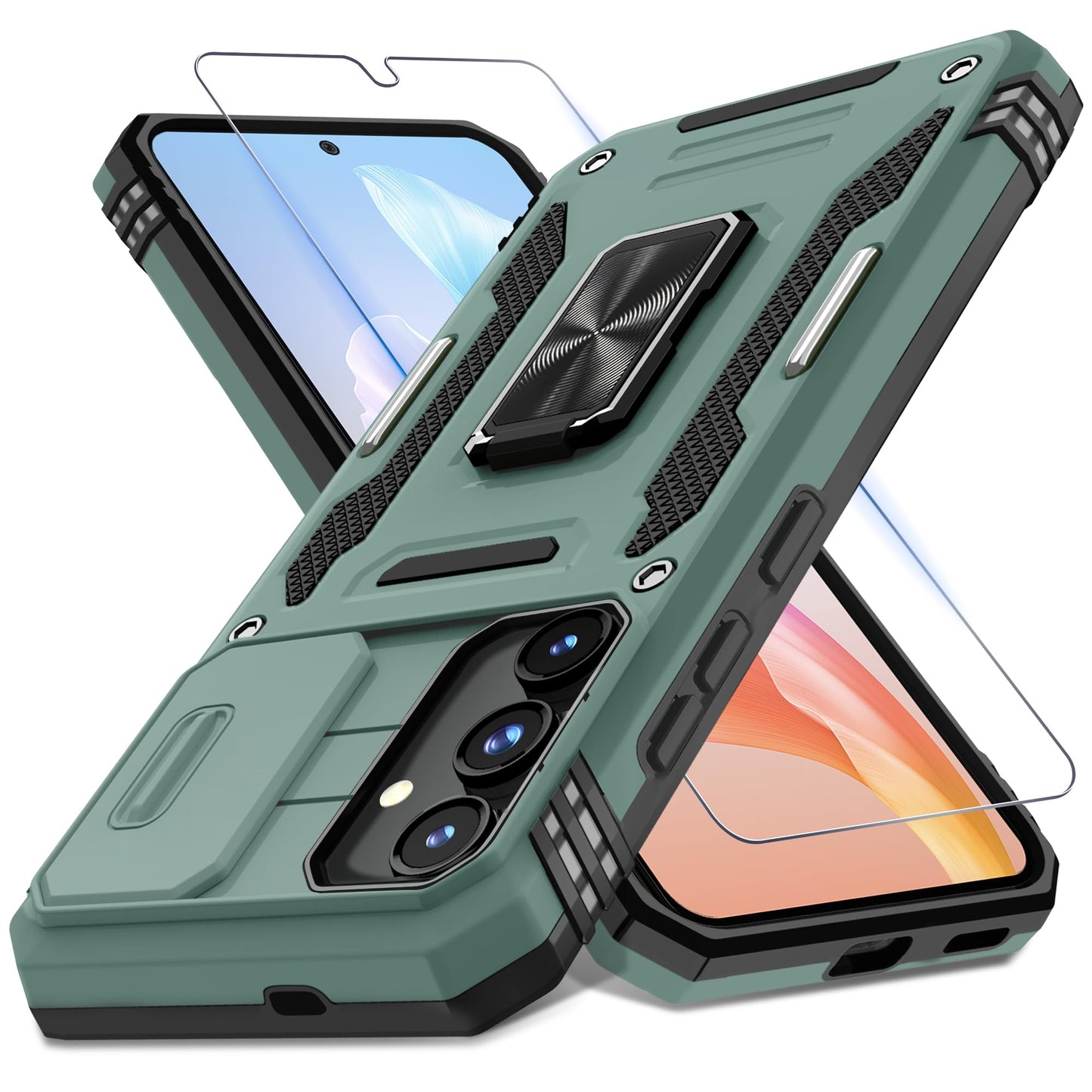DEERLAMN Case for Samsung Galaxy S24 6.2-Inch with Slide Camera Cover+Screen Protector(1 Pack), Rotated Ring Kickstand Military Grade Shockproof Protective Cover-Black