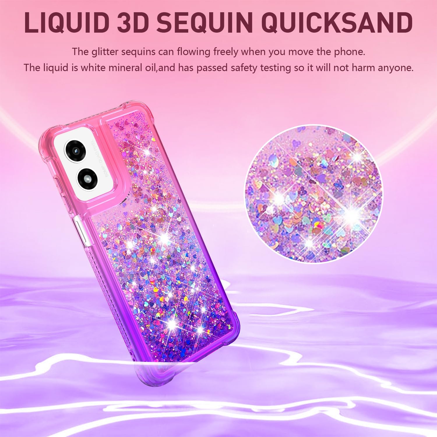 for Moto G Play 2024 Case with Screen Protector, Cute Women Girls Glitter Bling Liquid Floating Phone Case Slim TPU Soft Silicone Shockproof Girly Cover for Motorola G Play 2024 -Pink Purple