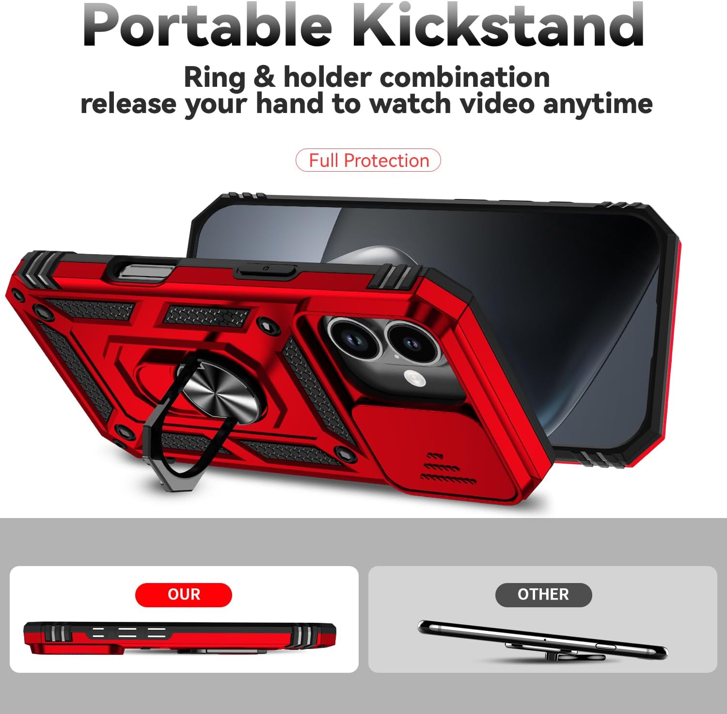 SunStory Compatible with iPhone 17 Case with HD Screen Protector & Slide Camera Cover & Rotated Ring Kickstand, [Military-Grade] iPhone Case for iPhone 17,Red
