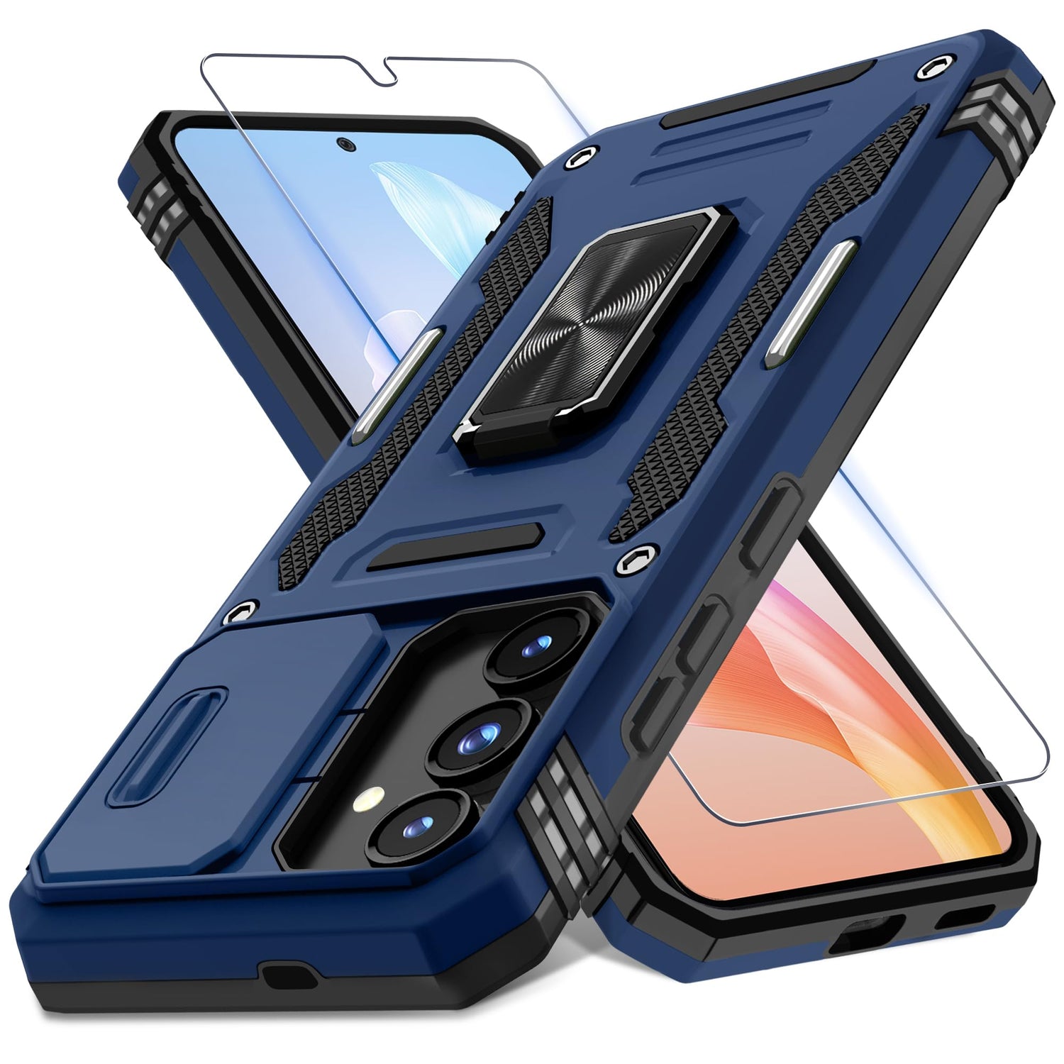 DEERLAMN Case for Samsung Galaxy A17 5G with Slide Camera Cover+Screen Protector (1 Pack), Rotated Ring Kickstand Military Grade Shockproof Protective Cover-Navy Blue