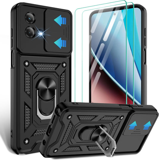 Gritup for Moto G Stylus 5G-2023 Case with Slide Camera Cover | 2-Pack HD Screen Protectors | 360° Rotating Metal Kickstand | MIL-Grade Shockproof Protection,Black