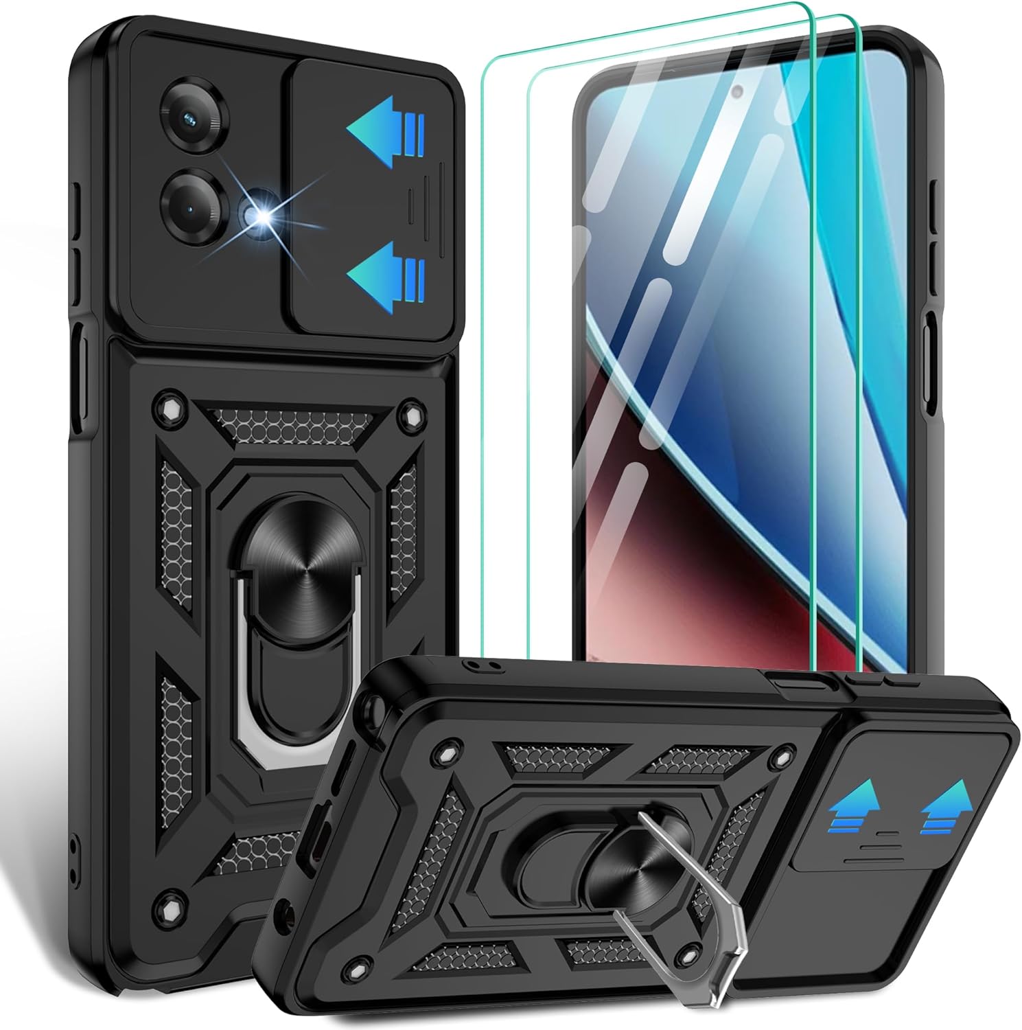 Gritup for Moto G Stylus 5G-2023 Case with Slide Camera Cover | 2-Pack HD Screen Protectors | 360° Rotating Metal Kickstand | MIL-Grade Shockproof Protection,Black