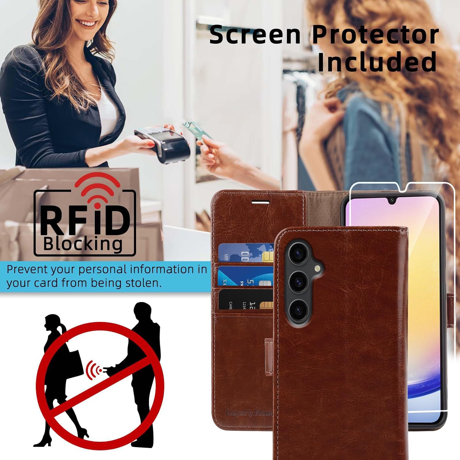 MONASAY Wallet Case Compatible for Samsung Galaxy A25 5G, [Included Glass Screen Protector][RFID Blocking] Flip Folio Leather Cell Phone Cover with Credit Card Holder, Brown
