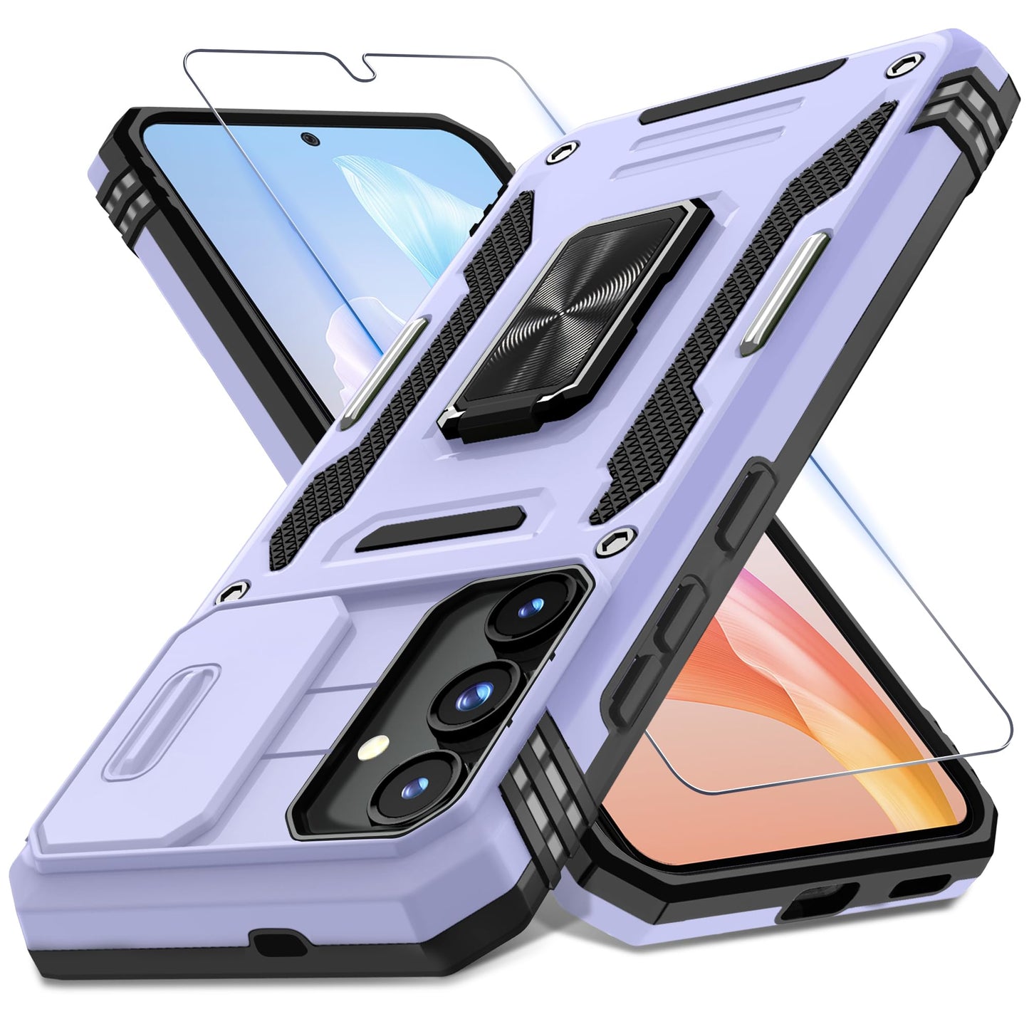 DEERLAMN Case for Samsung Galaxy S24 6.2-Inch with Slide Camera Cover+Screen Protector(1 Pack), Rotated Ring Kickstand Military Grade Shockproof Protective Cover-Black