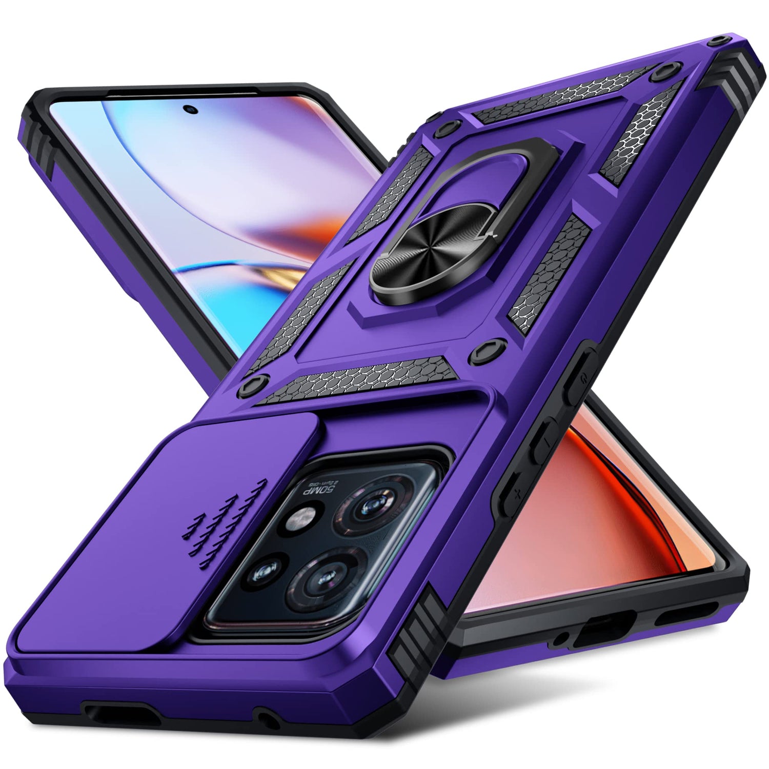 Janmitta Compatible with Moto Edge 2023 Case Built in Slide Camera Lens Cover+Finger Ring Holder Kickstand,Heavy Duty Shockproof Full Body Phone Cover,Blue