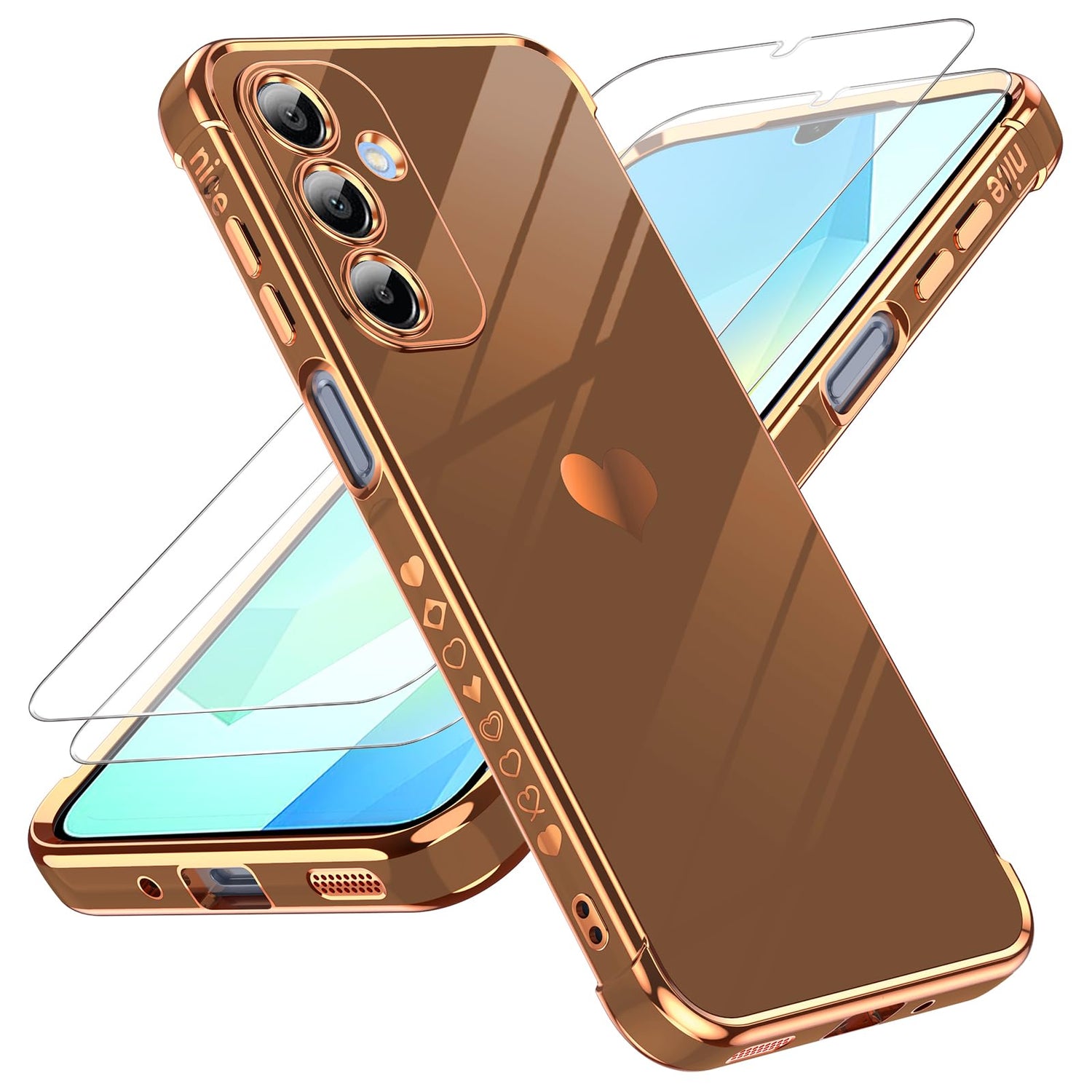 LeYi for Galaxy A16-5G Phone Case: Tempered Glass Screen Protector [2 Pcs]+ Full Camera Lens Protection,Love Heart Plating Luxury Shockproof Phone Case para Samsung A 16 5G Cute,Pink