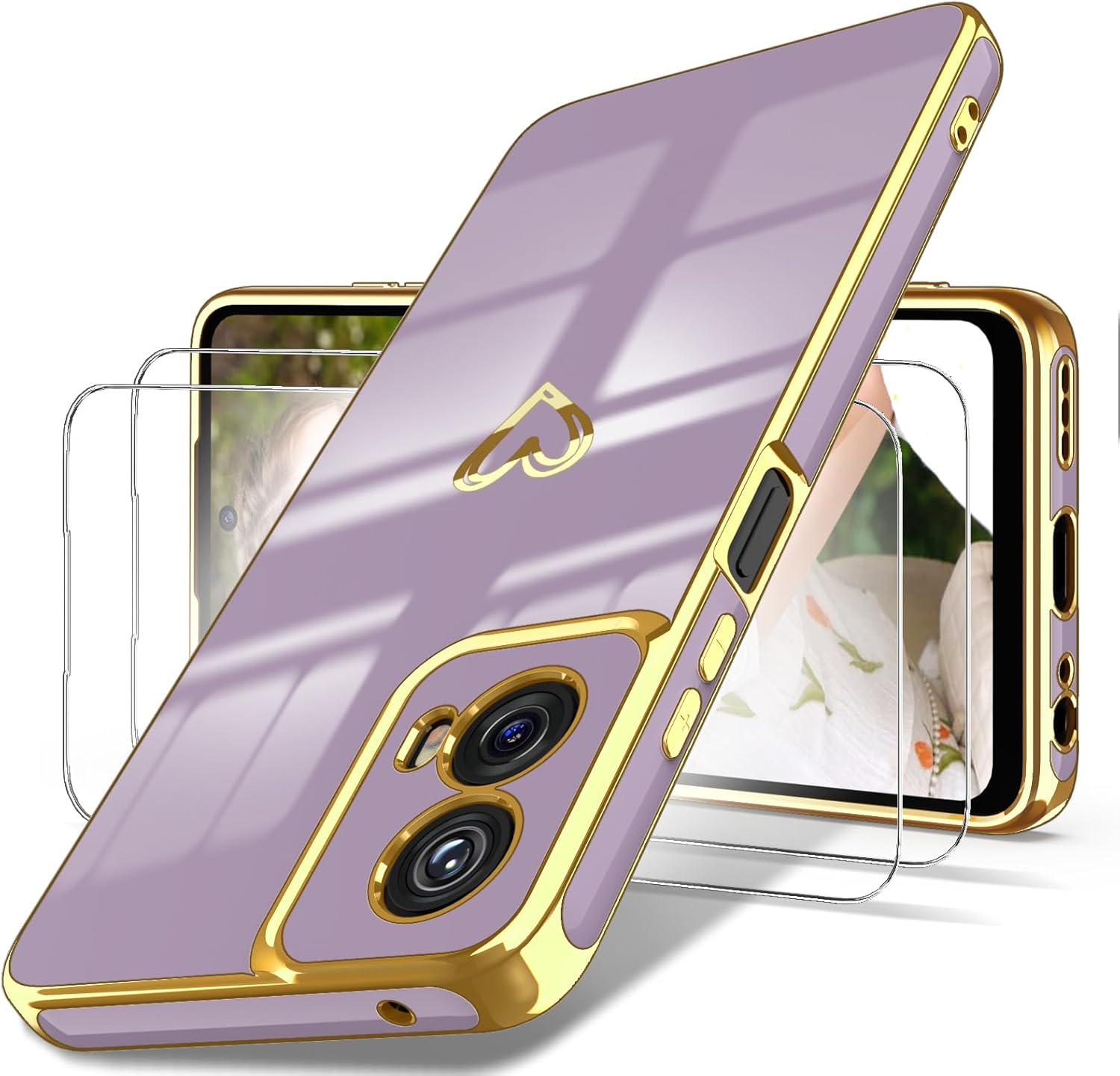 Dretal for Motoro Moto G 5G 2024 Case with 2X Screen Protector, Girl Women Cute Girly Love-Heart Luxury Gold Soft Camera Protection Bumper Shockproof Case for Moto G 2024 (Purple