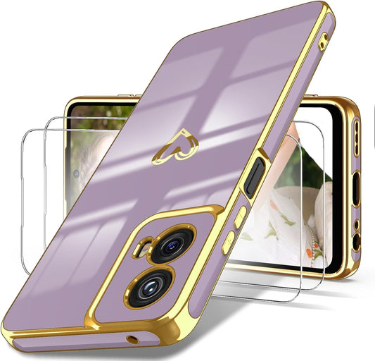 Dretal for Motoro Moto G 5G 2024 Case with 2X Screen Protector, Girl Women Cute Girly Love-Heart Luxury Gold Soft Camera Protection Bumper Shockproof Case for Moto G 2024 (Purple