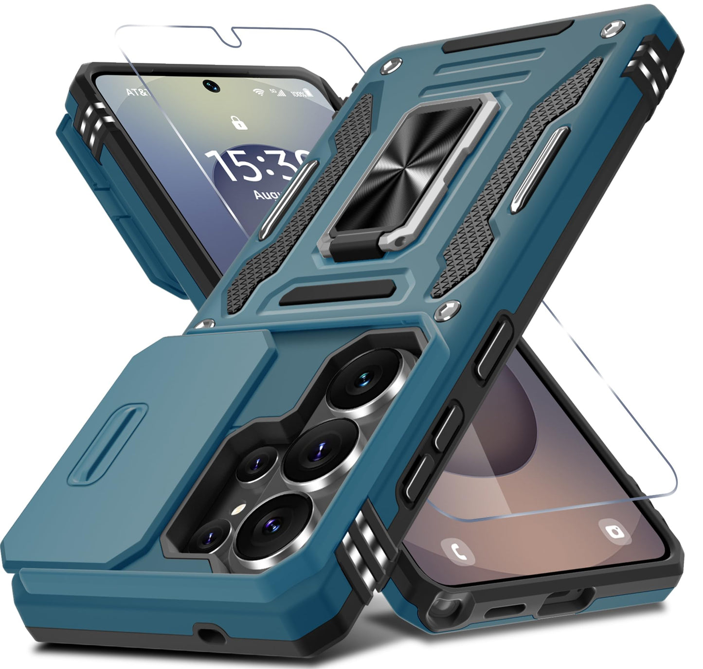 DEERLAMN Case for Samsung Galaxy A17 5G with Slide Camera Cover+Screen Protector (1 Pack), Rotated Ring Kickstand Military Grade Shockproof Protective Cover-Navy Blue