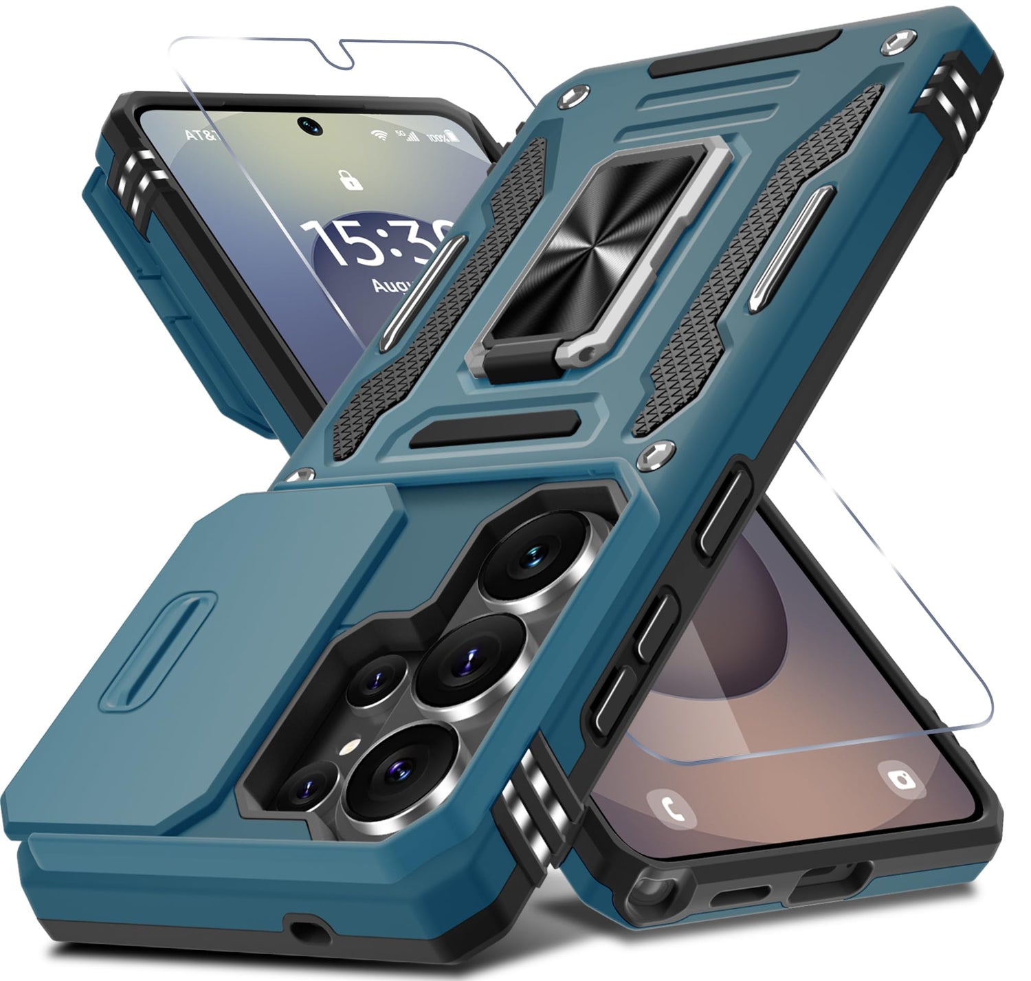 DEERLAMN Case for Samsung Galaxy A17 5G with Slide Camera Cover+Screen Protector (1 Pack), Rotated Ring Kickstand Military Grade Shockproof Protective Cover-Navy Blue