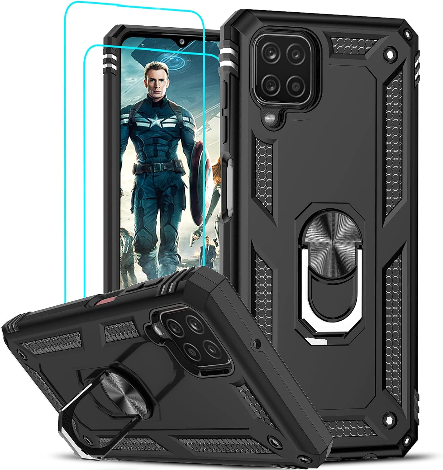 LeYi for Samsung Galaxy A12 Phone Case, Samsung A12 Phone Case with [2 Pack] Glass Screen Protector Replacement, Military-Grade Shockproof Magnetic Ring Stand Cell Android Case Cover A 12 5G, Black