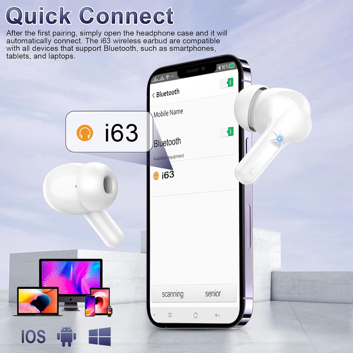 Wireless Earbuds, 48Hrs 2026 Bluetooth Headphones, Hi-Fi Stereo Deep Bass Ear Buds, ENC Noise Cancelling Mic, Clear Calls, IP-X7 Waterproof, USB Sport Earphones in Ear for Phones Laptop Pad, White