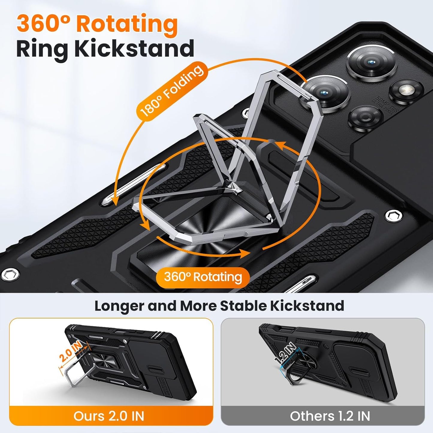 for Moto G Power 2025 Case/Moto G Power 2026 Case with 2 PCS HD Screen Protector, Slide Camera Cover Military Grade Drop Protection 360° Ring Holder Kickstand, Heavy Duty Shockproof, Black
