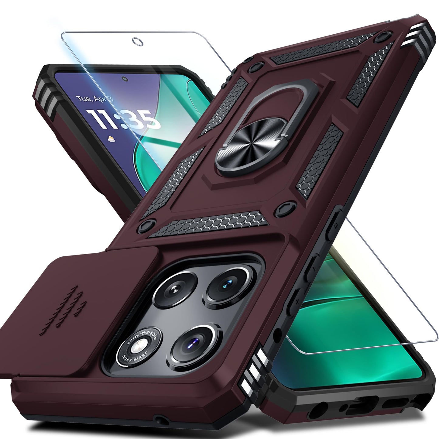 Janmitta for Moto G 2026/2025 Case,Moto G Play 2026 Case Built in Slide Camera Lens Cover+Screen Protector+Finger Ring Holder Kickstand,Heavy Duty Shockproof Full Body Protective Phone Cover,Black