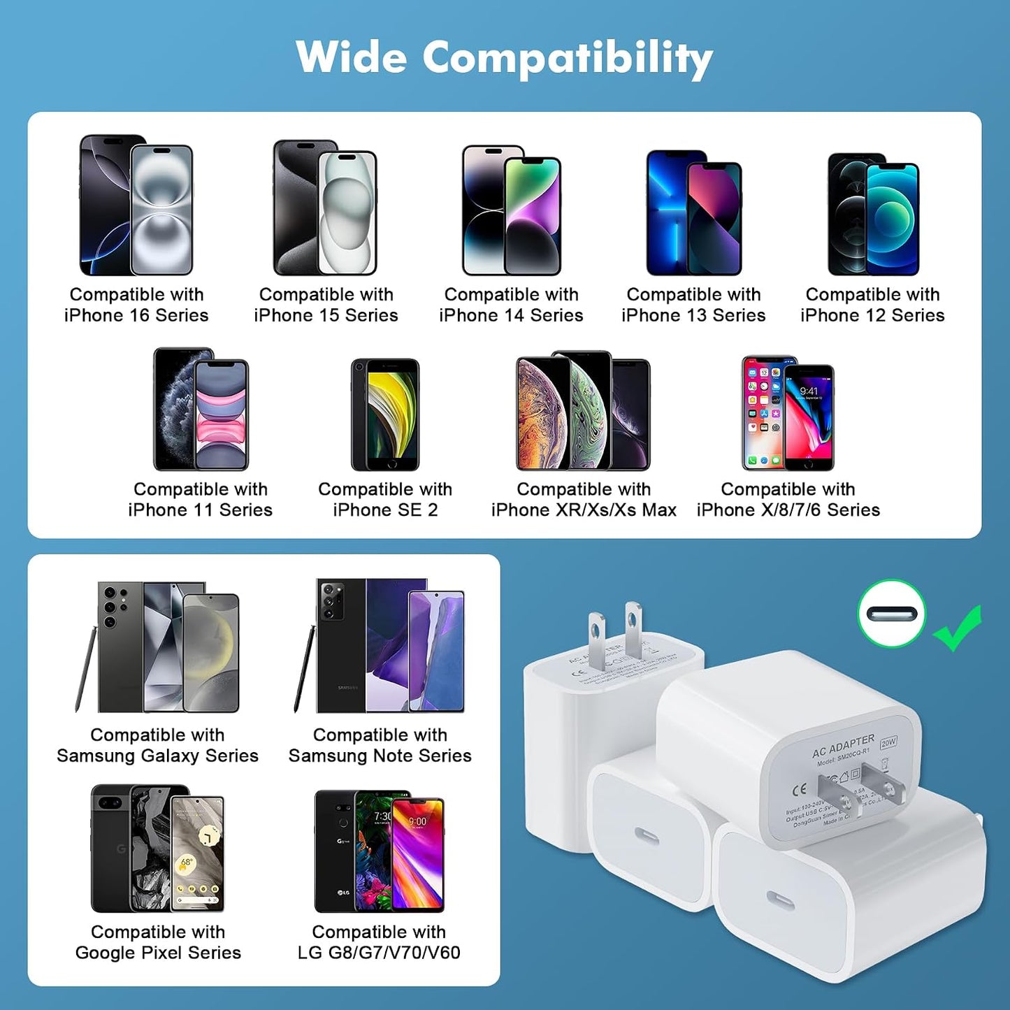 [4 Pack] USB-C Wall Charger, 20W USB-C Power Adapter Replacement for Phone 17/16/15/14/13/15 Pro/Pro Max/Plus/XS/XR/X,Galaxy, Pixel,i Pad and More