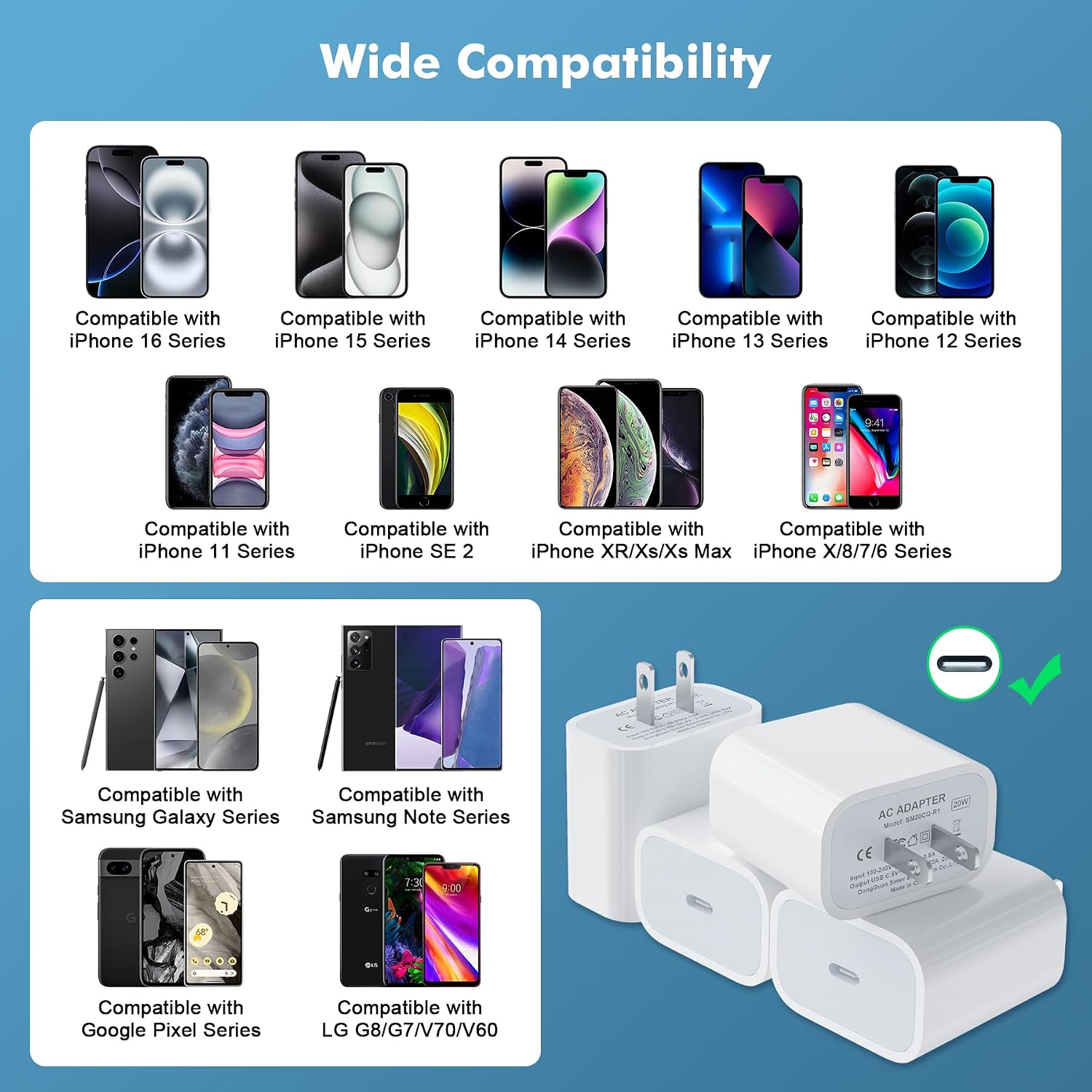 [4 Pack] USB-C Wall Charger, 20W USB-C Power Adapter Replacement for Phone 17/16/15/14/13/15 Pro/Pro Max/Plus/XS/XR/X,Galaxy, Pixel,i Pad and More