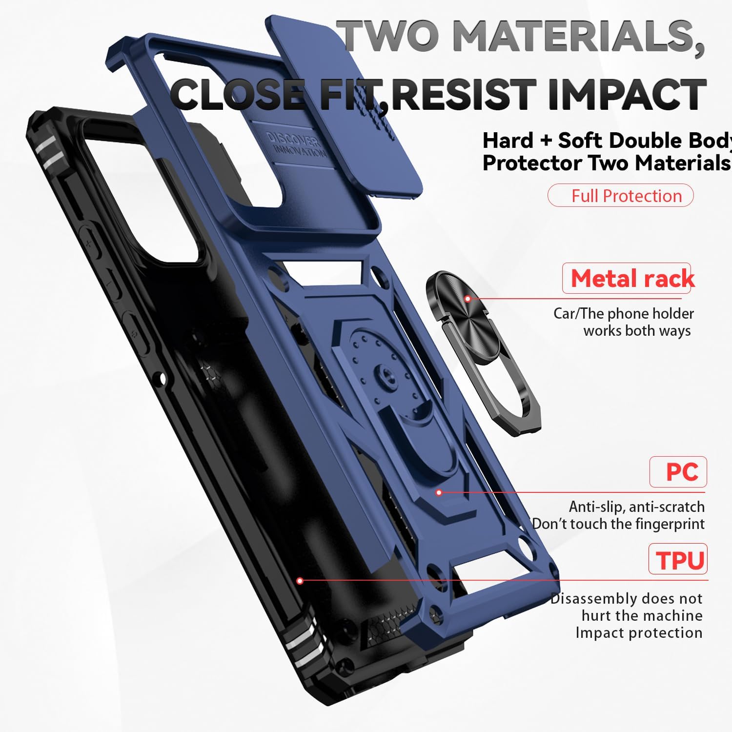 for Motorola Edge 2024 Case with Camera Lens Cover Screen Protector, Dual Layer Military-Grade Drop Tested Magnetic Ring Holder Kickstand Protective Phone Case for Motorola Moto Edge 2024 (Navy Blue)