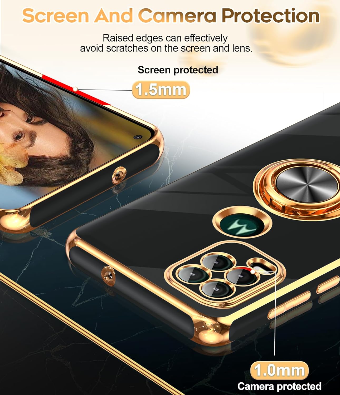 LeYi for Moto G Stylus 5G 2021 Case: with Tempered Glass Screen Protector [2 Pack] 360° Rotatable Ring Holder Magnetic Kickstand, Plating Rose Gold Edge Motorola G Stylus 5G 2021 Case, Black