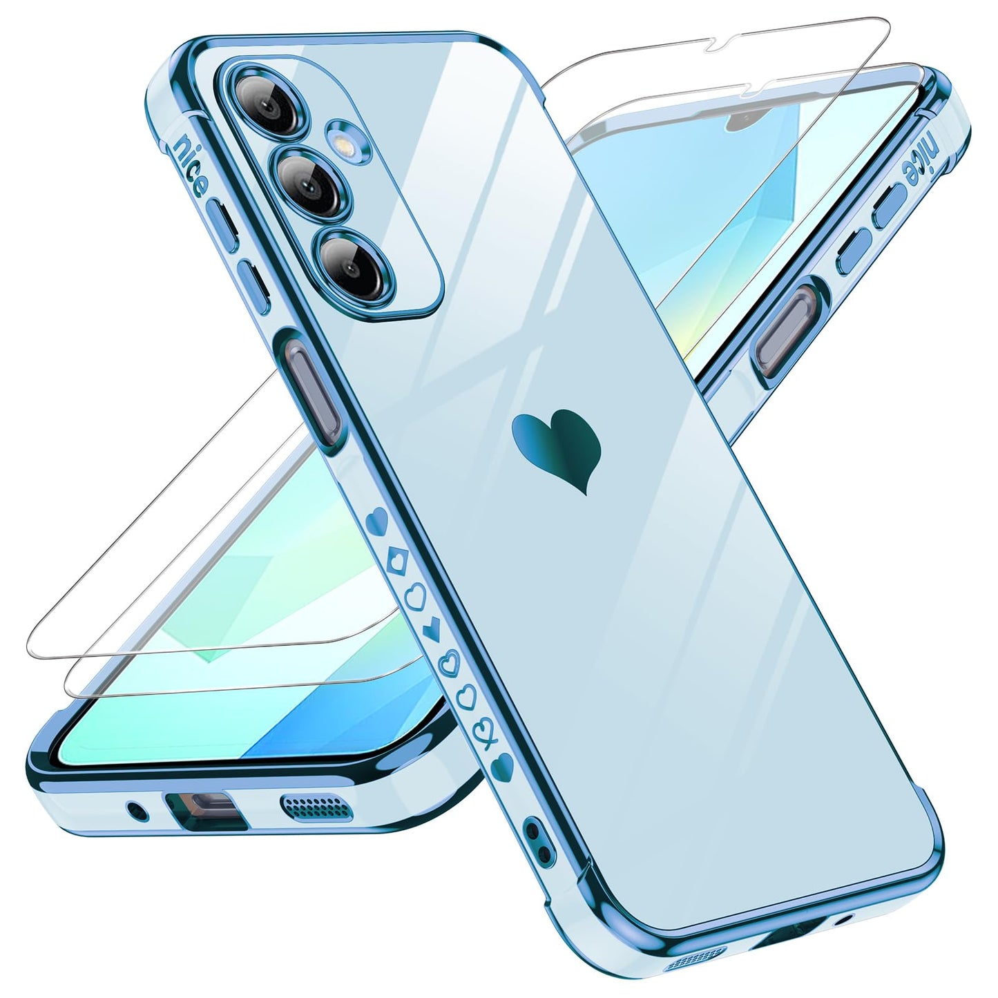 LeYi for Galaxy A16-5G Phone Case: Tempered Glass Screen Protector [2 Pcs]+ Full Camera Lens Protection,Love Heart Plating Luxury Shockproof Phone Case para Samsung A 16 5G Cute,Pink