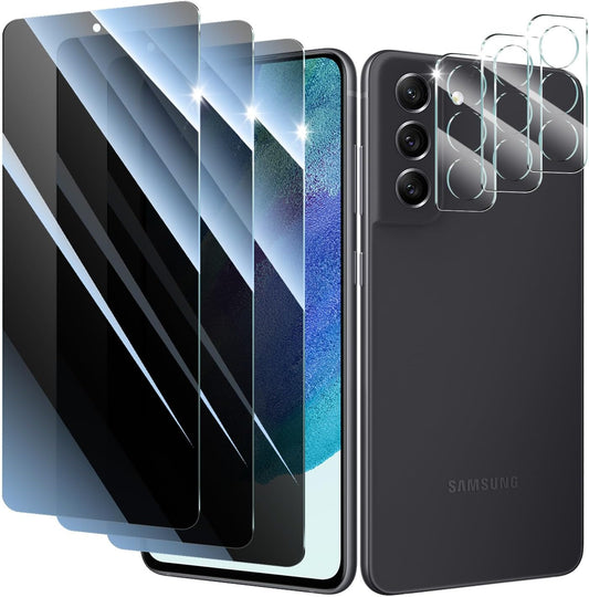 Privacy Screen Protector and Camera Lens Protector for Samsung Galaxy S21 FE, Double Shatterproof Anti-Spy Tempered Glass Film, Private Protection, [Anti-Scratch][9H Hardness], 3-Pack Each