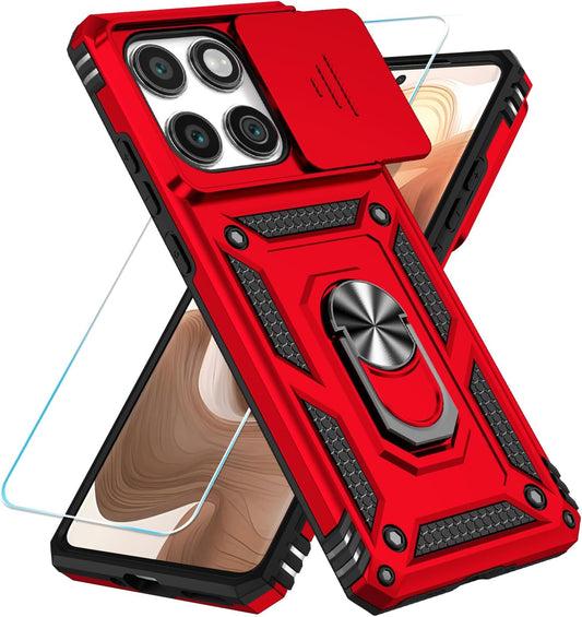 SunStory Compatible with Motorola Moto Edge 2025 Case with HD Screen Protector & Slide Camera Cover & Rotated Ring Kickstand, [Military-Grade] Phone Case for Moto Edge 2025,Red