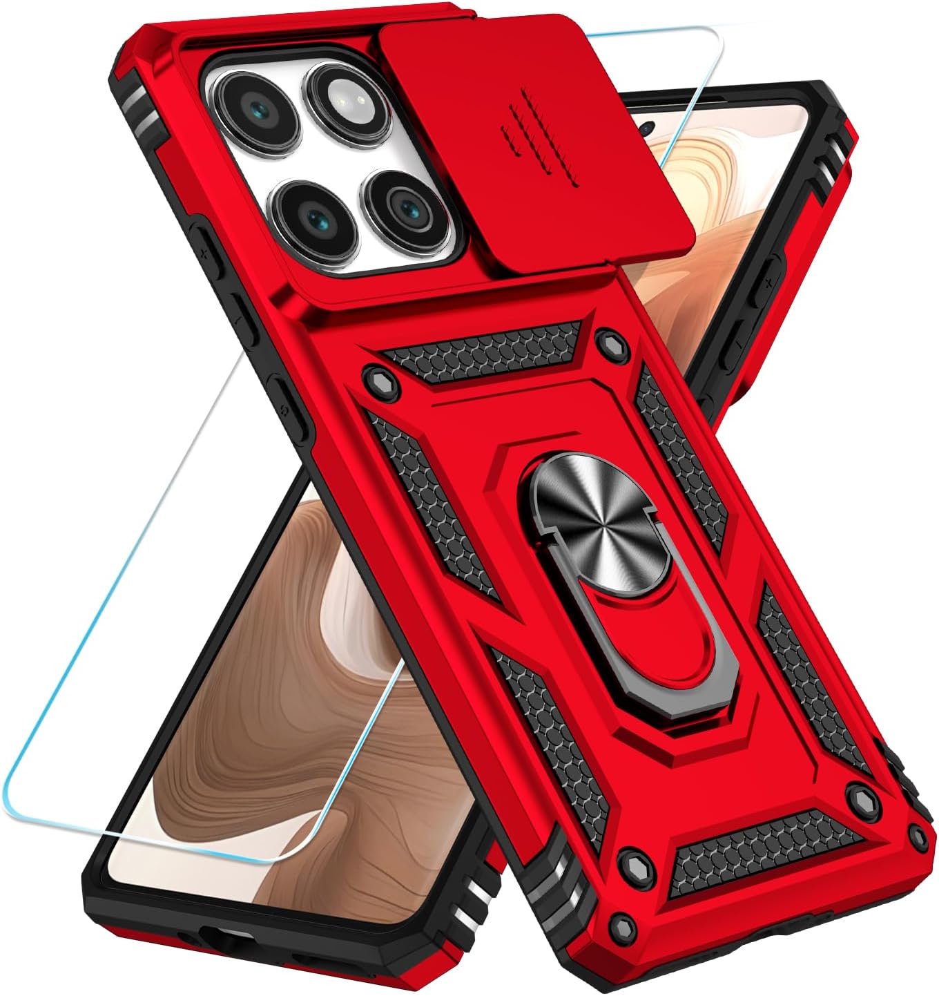 SunStory Compatible with Motorola Moto Edge 2025 Case with HD Screen Protector & Slide Camera Cover & Rotated Ring Kickstand, [Military-Grade] Phone Case for Moto Edge 2025,Red