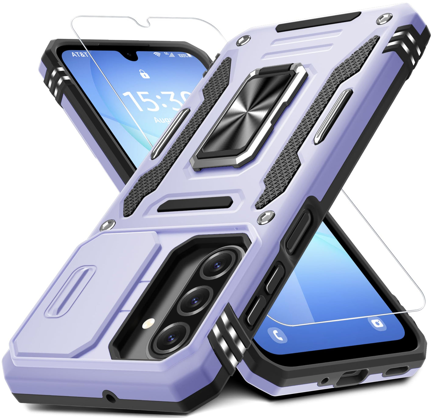 DEERLAMN Case for Samsung Galaxy A17 5G with Slide Camera Cover+Screen Protector (1 Pack), Rotated Ring Kickstand Military Grade Shockproof Protective Cover-Navy Blue