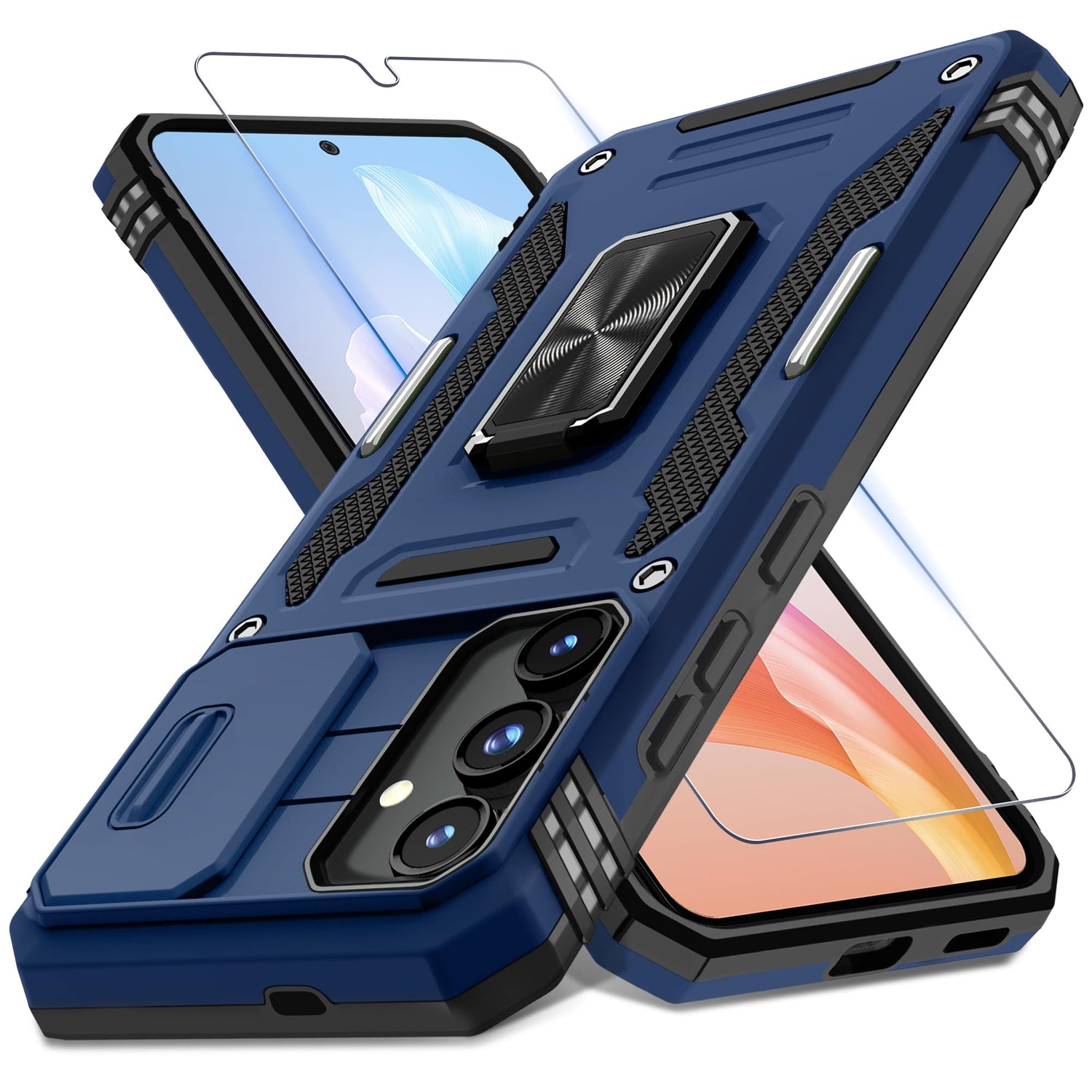 DEERLAMN Case for Samsung Galaxy S24 6.2-Inch with Slide Camera Cover+Screen Protector(1 Pack), Rotated Ring Kickstand Military Grade Shockproof Protective Cover-Black