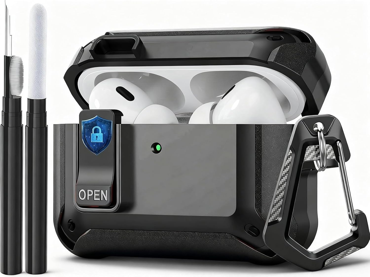 Compatible with AirPods Pro 3 Case Lock 2025, Shockproof AirPods iPod Pro 3rd Generation Protective Case Cover for Men Women with Cleaning Kit&Carabiner Black