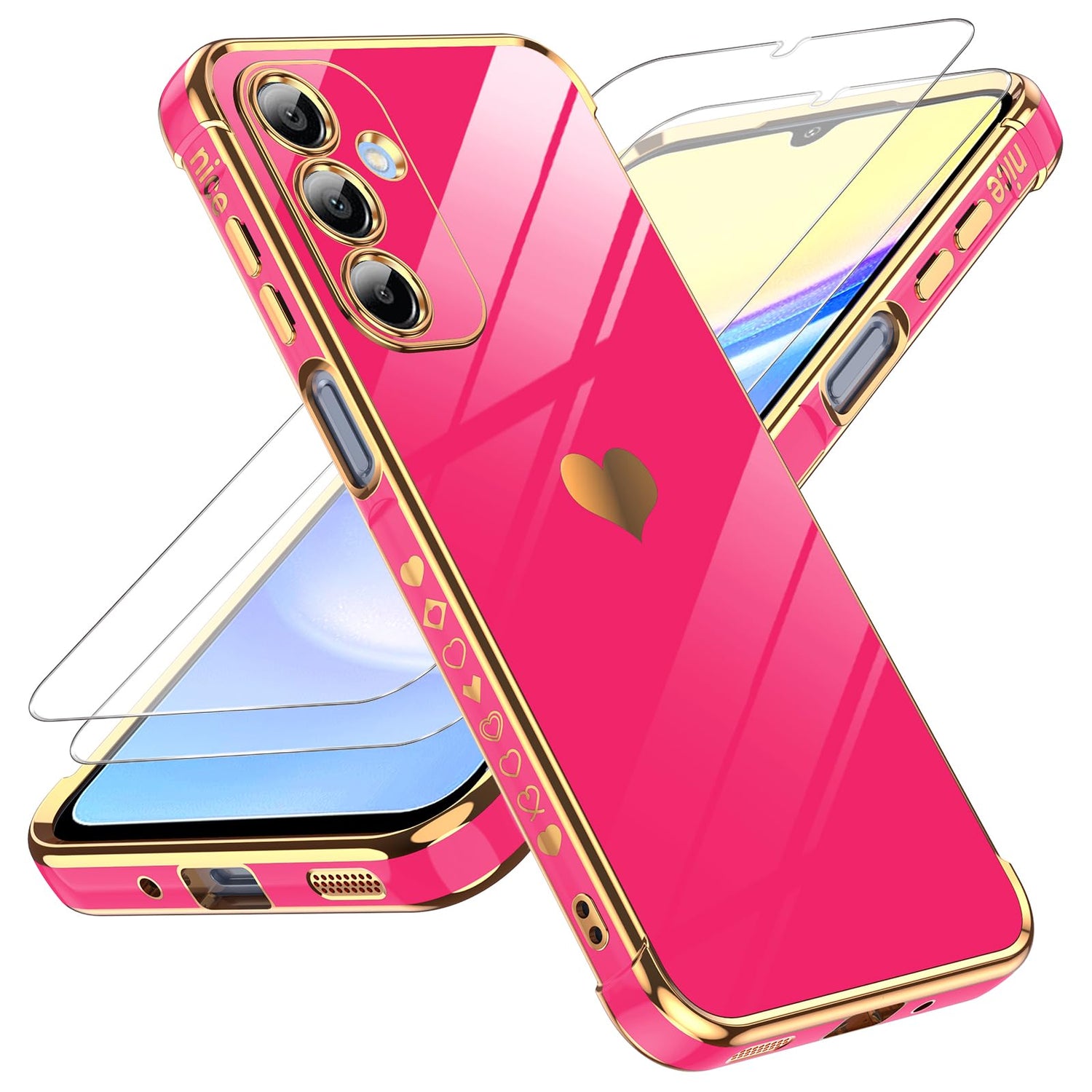 LeYi for Galaxy A16-5G Phone Case: Tempered Glass Screen Protector [2 Pcs]+ Full Camera Lens Protection,Love Heart Plating Luxury Shockproof Phone Case para Samsung A 16 5G Cute,Pink