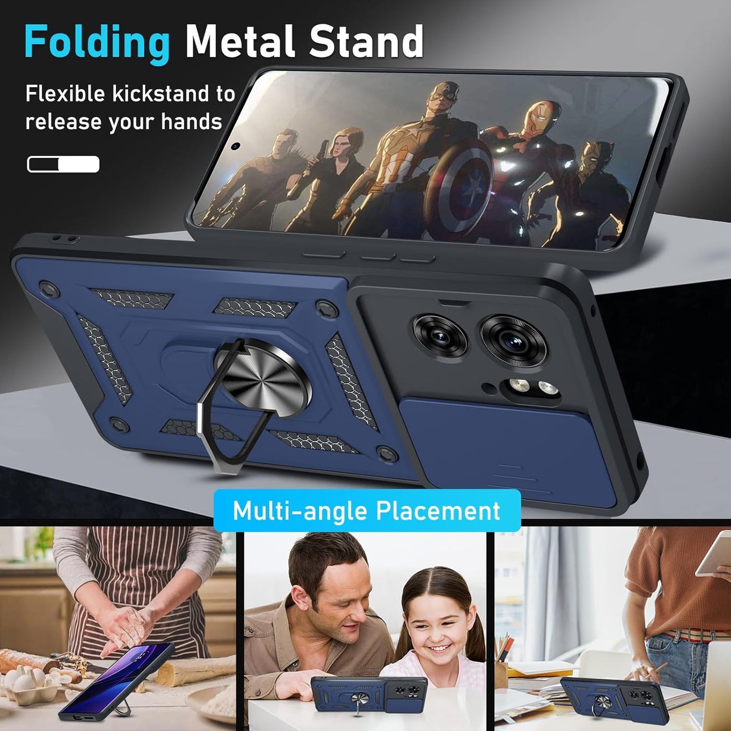 Janmitta Compatible with Moto Edge 2023 Case Built in Slide Camera Lens Cover+Finger Ring Holder Kickstand,Heavy Duty Shockproof Full Body Phone Cover,Blue