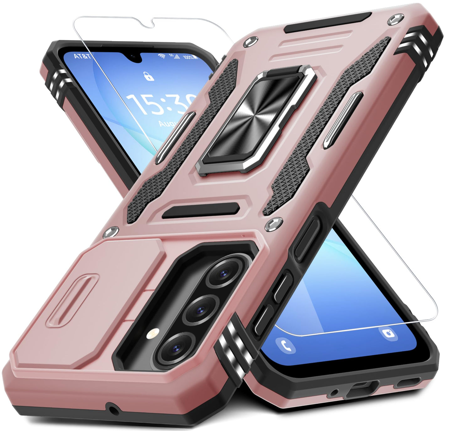 DEERLAMN Case for Samsung Galaxy A17 5G with Slide Camera Cover+Screen Protector (1 Pack), Rotated Ring Kickstand Military Grade Shockproof Protective Cover-Navy Blue