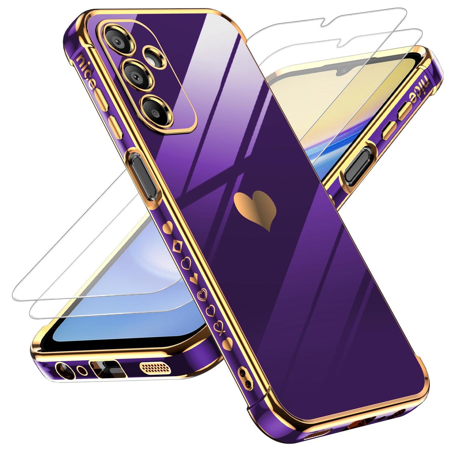 LeYi for Galaxy A16-5G Phone Case: Tempered Glass Screen Protector [2 Pcs]+ Full Camera Lens Protection,Love Heart Plating Luxury Shockproof Phone Case para Samsung A 16 5G Cute,Pink