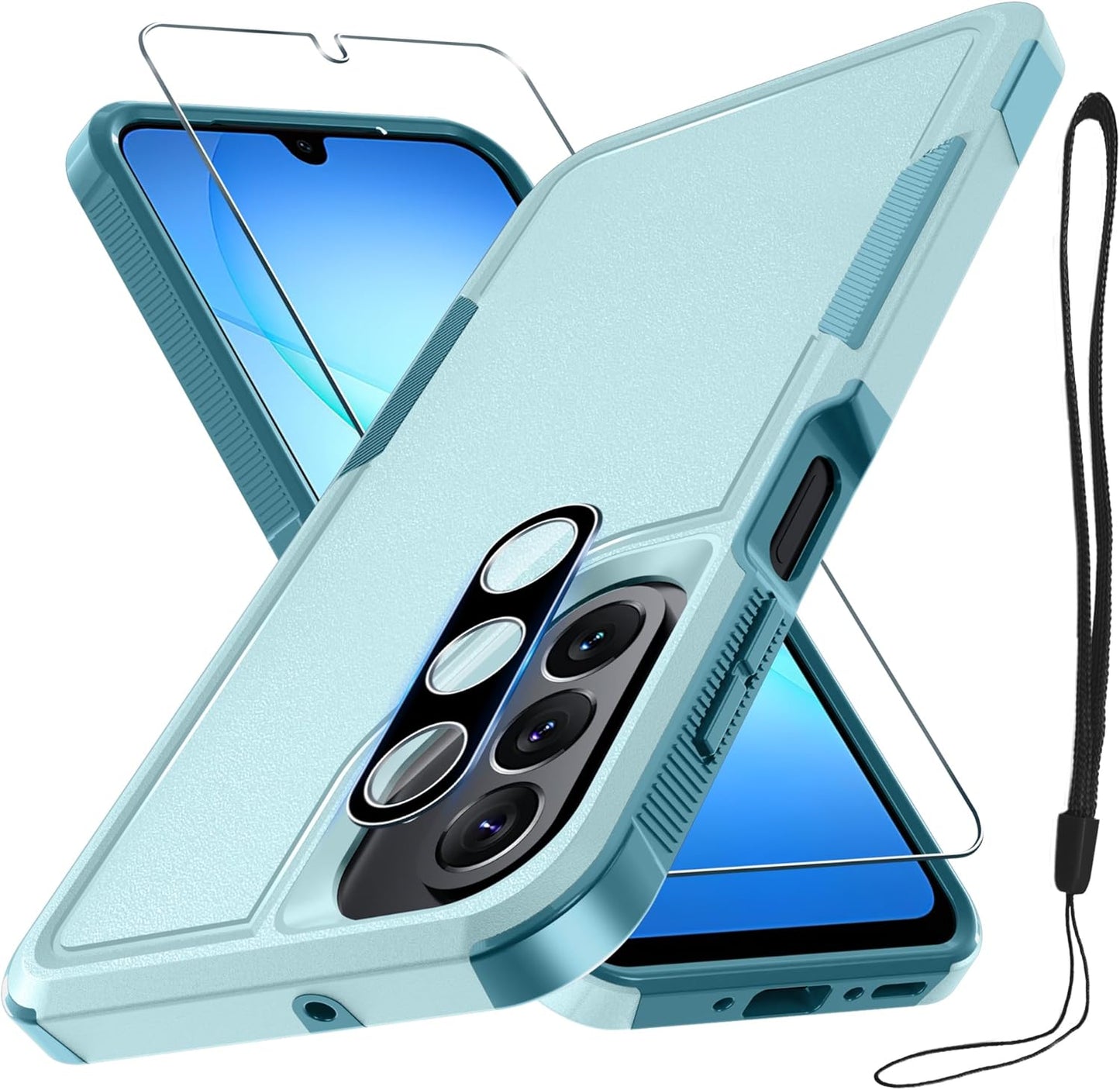 Case for Samsung Galaxy A17 5G Phone Cover with Screen Protector+Camera Lens Cover,Military Grade Heavy Duty Shockproof PhoneCase with Wrist Lanyard Strap for Sam A17,Mint Green