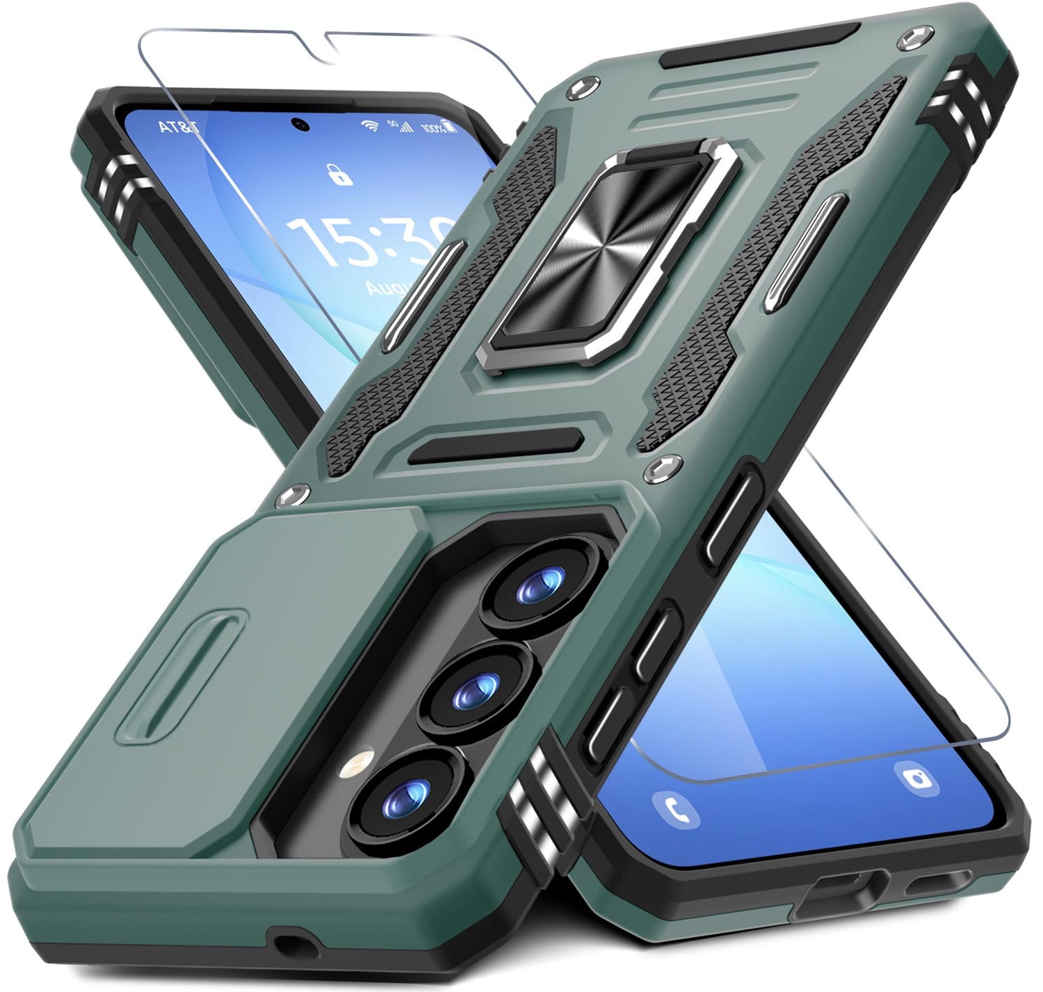 DEERLAMN Case for Samsung Galaxy A17 5G with Slide Camera Cover+Screen Protector (1 Pack), Rotated Ring Kickstand Military Grade Shockproof Protective Cover-Navy Blue