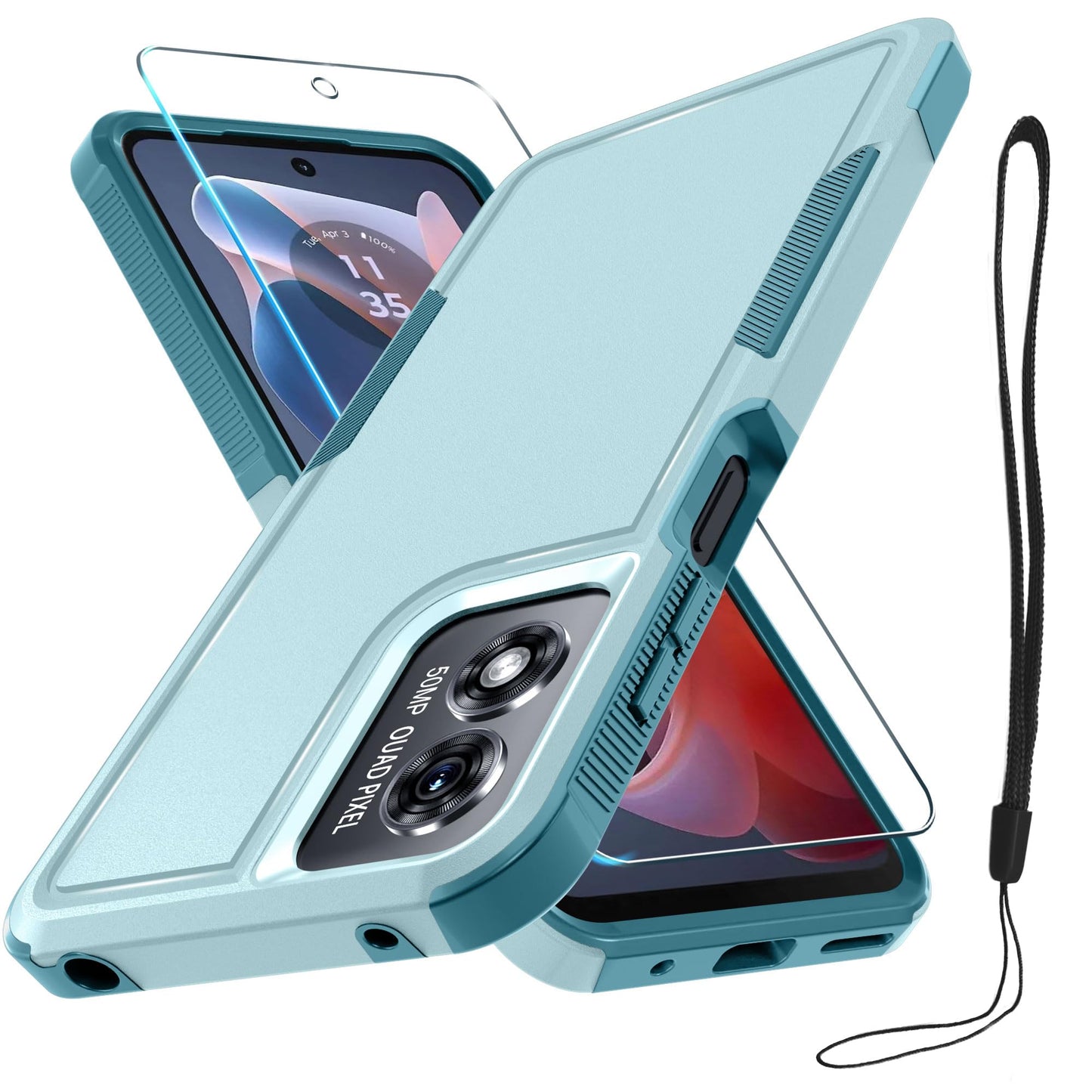 for Motorola G Play 2026/Moto G 2026 Case, Full Body Heavy Duty Rugged Shockproof Protective Phone Cover with Lanyard Strap+Tempered Glass Screen Protector, Black Matte