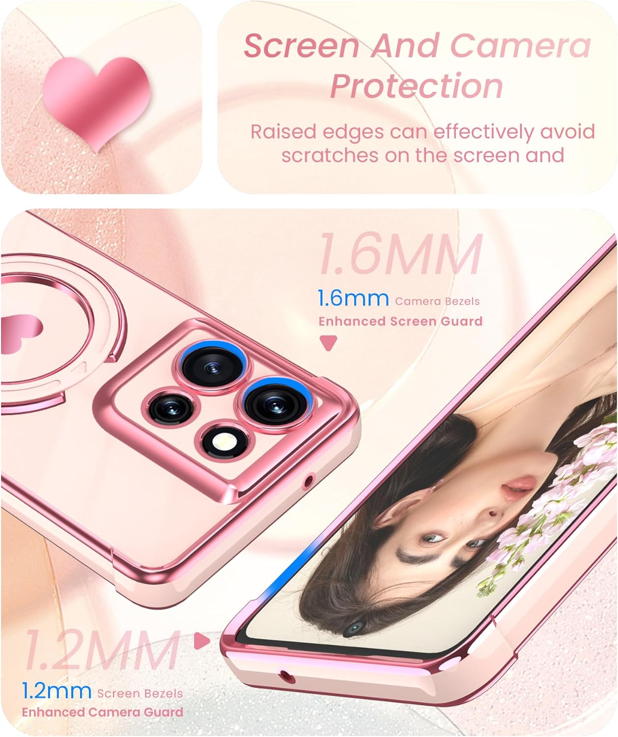 for Motorola Moto G Power 5G 2025/2026 Phone Case with Screen Protector,Cute Love Heart,Ring Metal Kickstand,Plated Gold Edge Soft TPU Protection Cover for Moto G Power 2025/2026 (Pink)