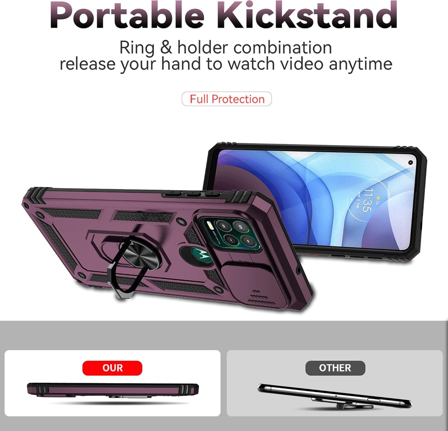 AYMECL Case for Moto G Stylus 5G (2021) with Slide Camera Cover and [2 Packs] Explosion-Proof Film, Built-in 360° Rotating Ring Stand Magnetic Cover for Motorola Moto G Stylus 5G 6.8 Inch - Wine Red