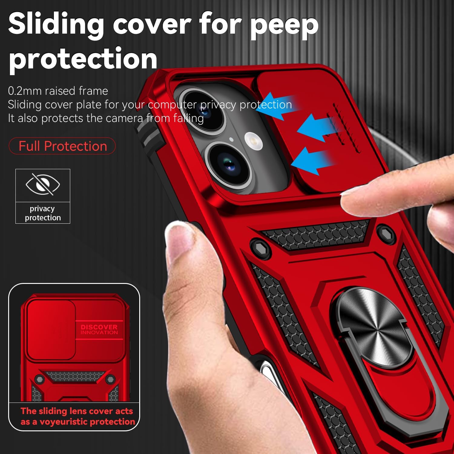 SunStory Compatible with iPhone 17 Case with HD Screen Protector & Slide Camera Cover & Rotated Ring Kickstand, [Military-Grade] iPhone Case for iPhone 17,Red