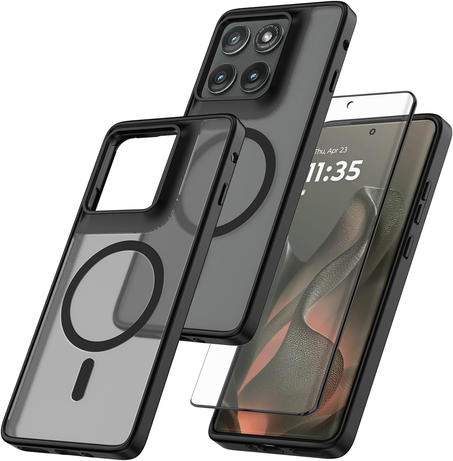 Magnetic for Motorola Edge 5G 2025 Case with Tempered Glass Screen Protector Matte Translucent Shockproof Protective Bumper Phone Cover (Black)