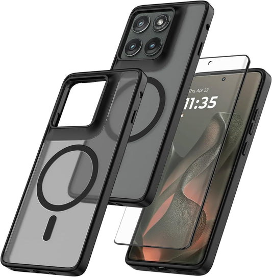 Magnetic for Motorola Edge 5G 2025 Case with Tempered Glass Screen Protector Matte Translucent Shockproof Protective Bumper Phone Cover (Black)