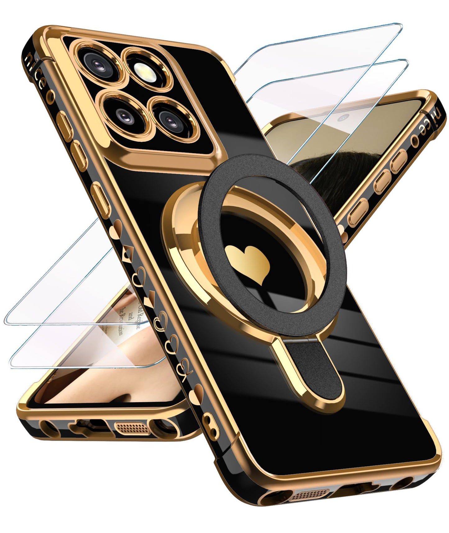 for Motorola Moto G Stylus 5G 2025/2026 Phone Case with Screen Protector,Cute Love Heart,Ring Metal Kickstand,Plated Gold Edge Soft TPU Protection Cover for Moto G Stylus 2025/2026 (Pink)