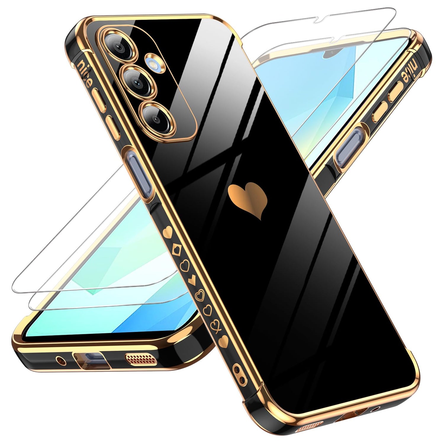 LeYi for Galaxy A16-5G Phone Case: Tempered Glass Screen Protector [2 Pcs]+ Full Camera Lens Protection,Love Heart Plating Luxury Shockproof Phone Case para Samsung A 16 5G Cute,Pink
