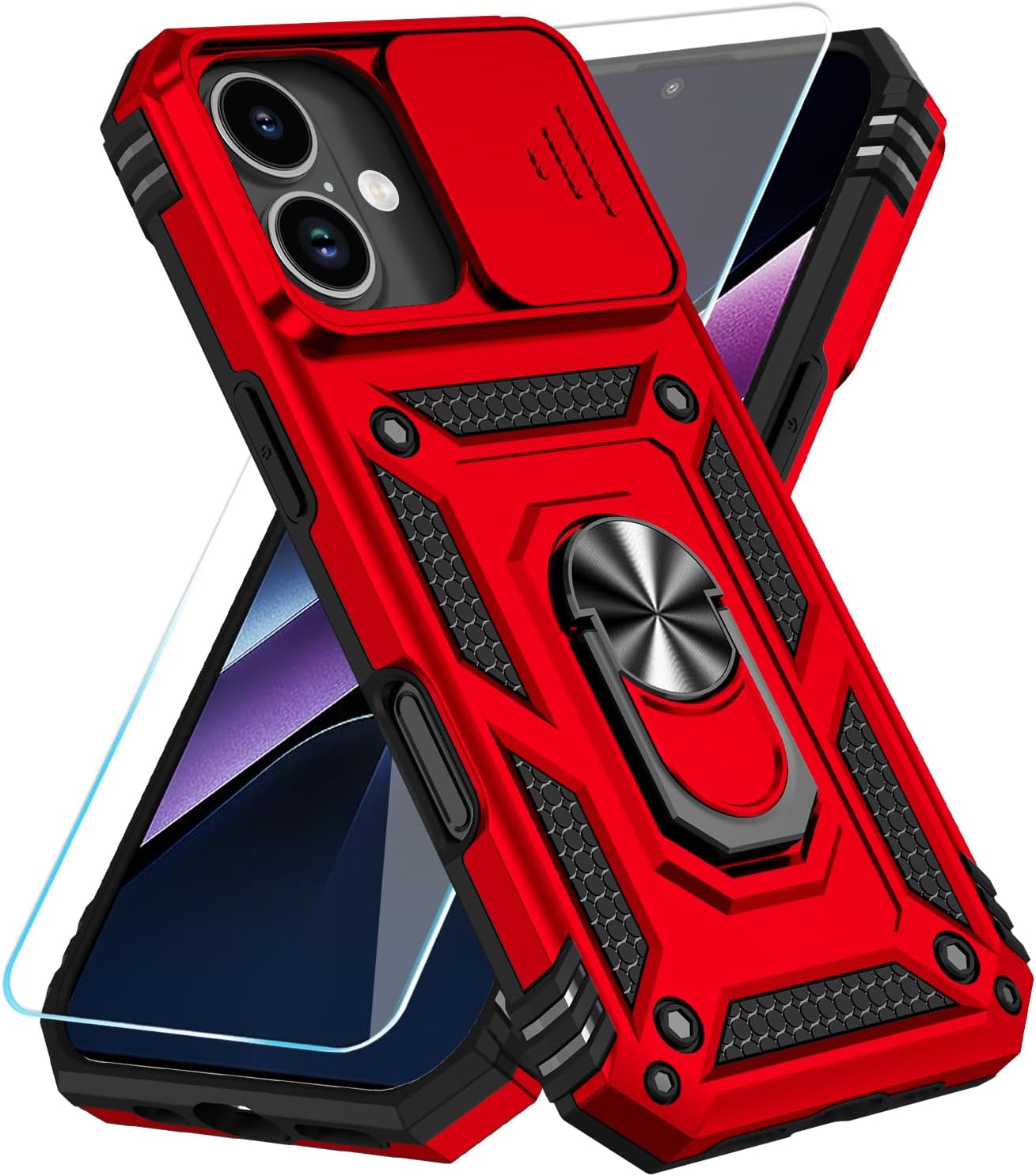 SunStory Compatible with iPhone 17 Case with HD Screen Protector & Slide Camera Cover & Rotated Ring Kickstand, [Military-Grade] iPhone Case for iPhone 17,Red